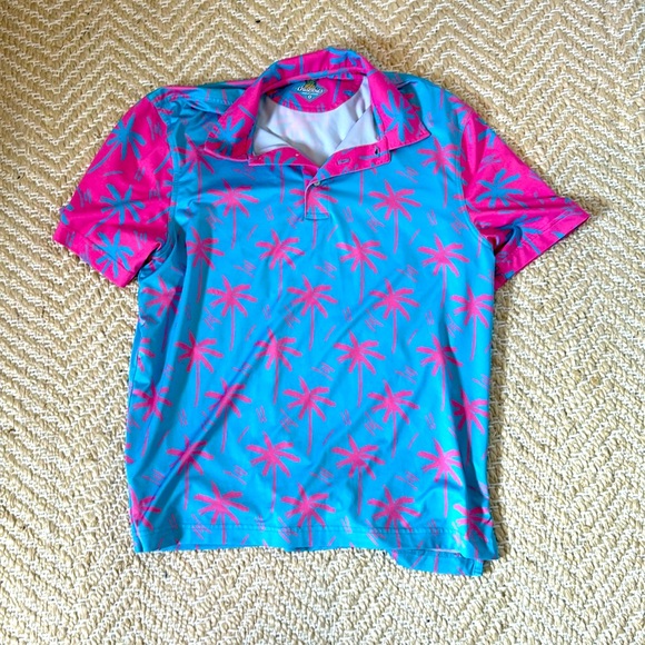 Chubbies Performance Polo Blue and Pink Palm Tree Shirt - Picture 1 of 4